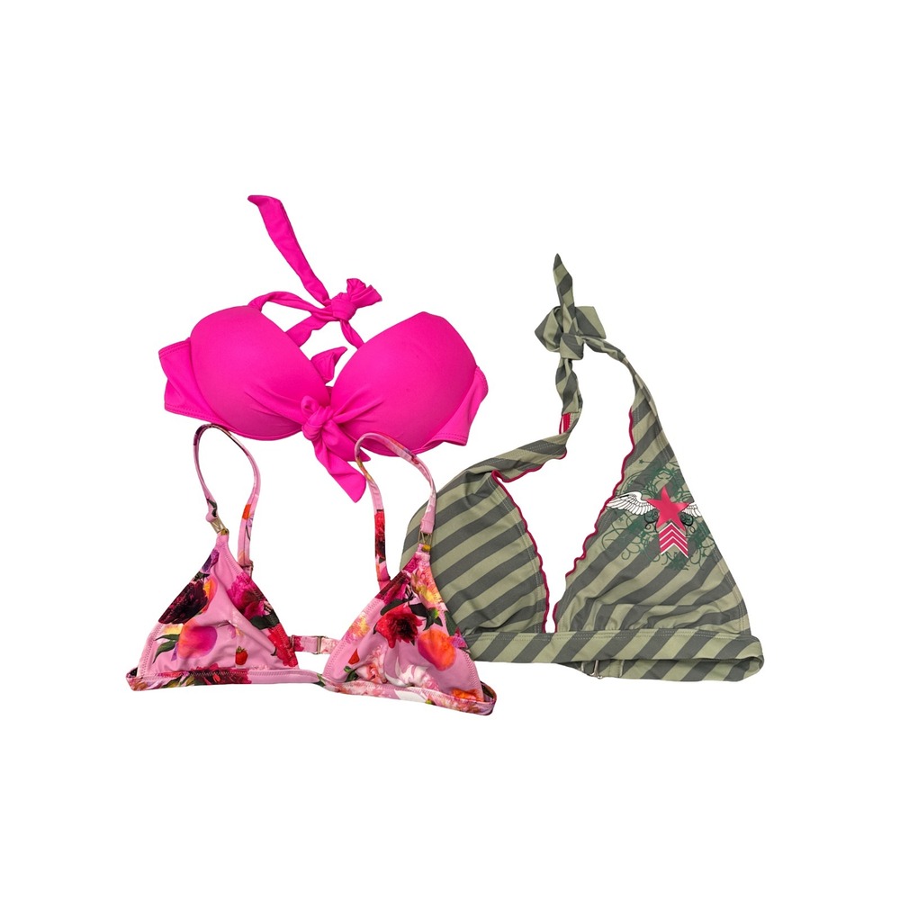 Bikini Top Lot 3 Medium Victoria's Secret Pink Floral Stripe Swim Halter Top Set